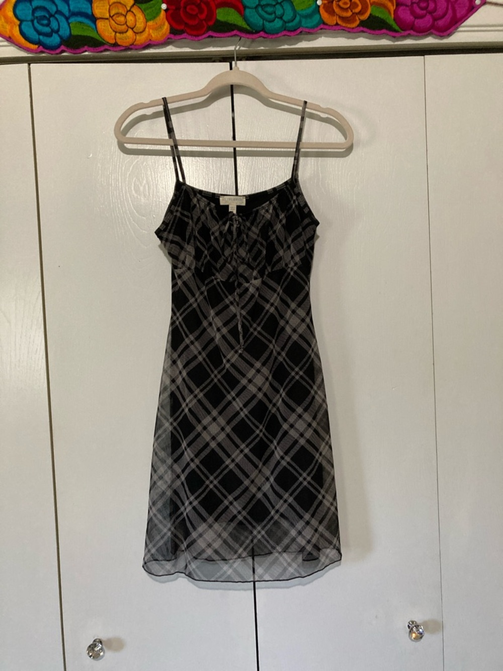 L 90s Grunge Sheer Black Gray Plaid Tie-Front Milkmaid Dress Preppy Clueless Y2K